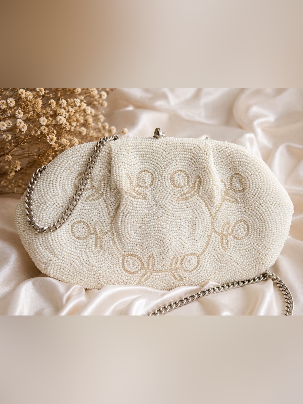Vintage White Beaded Evening Bag Japan Chain Handle Bridal Clutch Purse